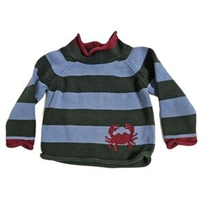 L.L. Bean Sweater Toddler 2T Green Blue Crab Striped Cotton Mock Neck Nautical‎